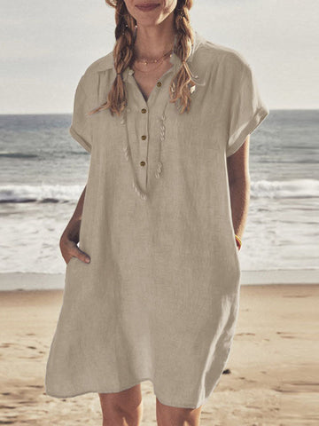 Woochic blouse robe courte boutonnage avec poches manches courtes femme bohème de plage Abricot S
